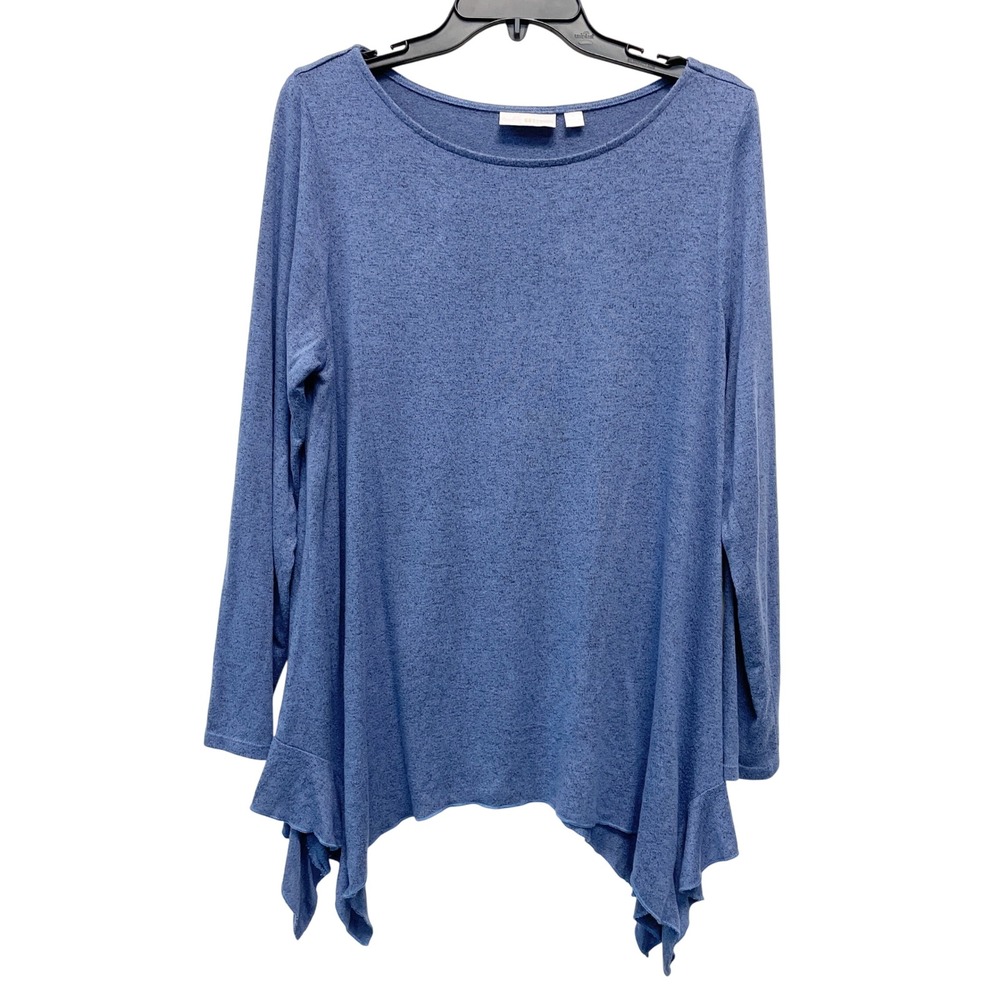 Belle Kim Gravel Womens Heather Blue Long Sleeve Hacci Top With Drama Hem Size L